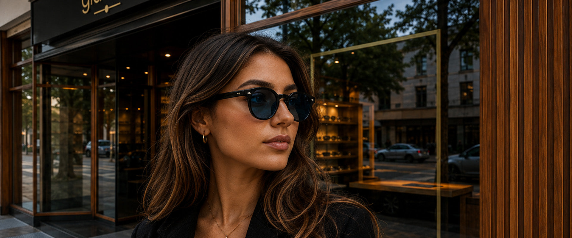Tolle Frau mit Sonnenbrille vor der glasbar